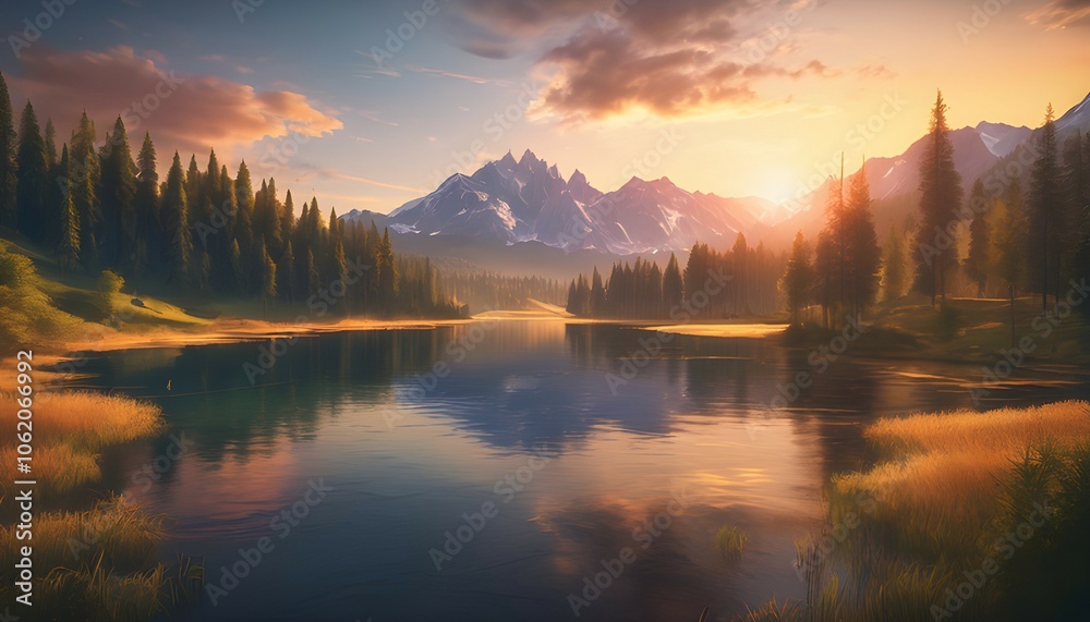 Serene Mountain Lake at Sunset - Breathtaking Nature Scene Serene Mountain Lake at Sunset - Breathtaking Nature Scene