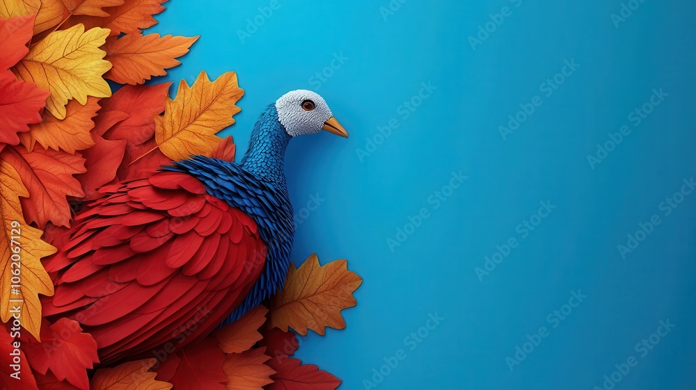 Obraz premium A vibrant turkey made of paper sits among colorful autumn leaves against a bright blue background.