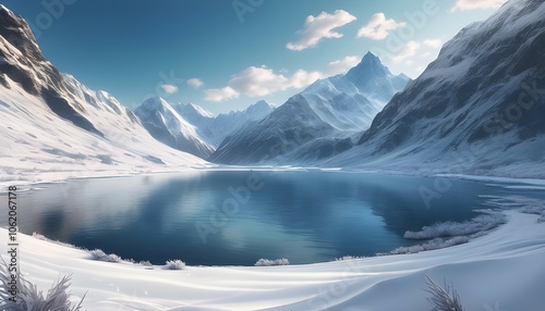 Serene Winter Landscape with Mountains and Frozen Lake