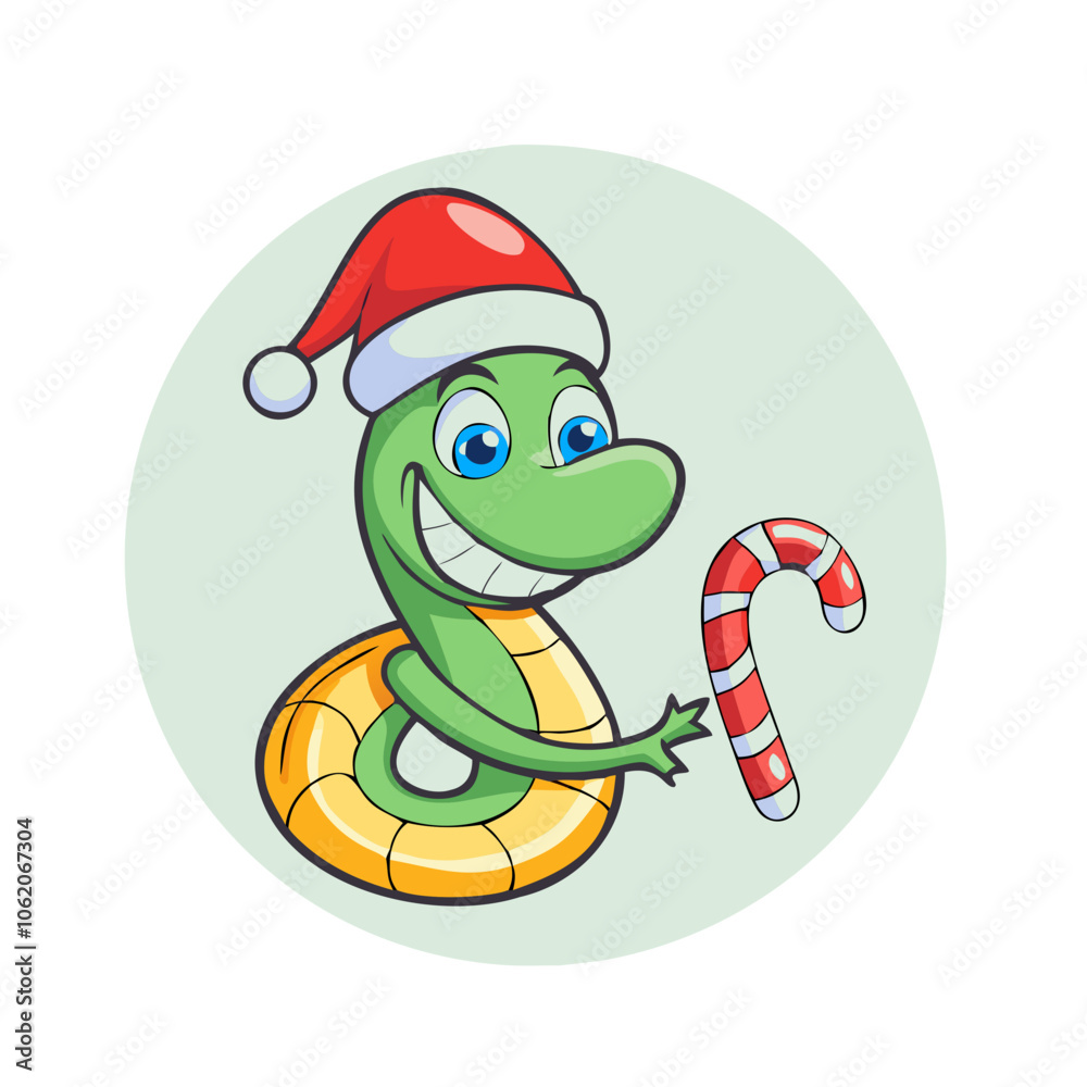 Fototapeta premium Cartoon snake with Santa hat holding candy cane