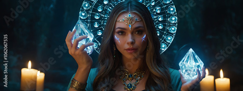 Enchantress Summoning Elemental Spirits with Glowing Crystals and Sacred Incantations