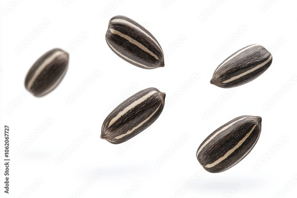 Obraz premium Multiple striped sunflower seeds suspended and isolated against a white background. Ideal for themes related to healthy snacks, nutrition, and natural foods.