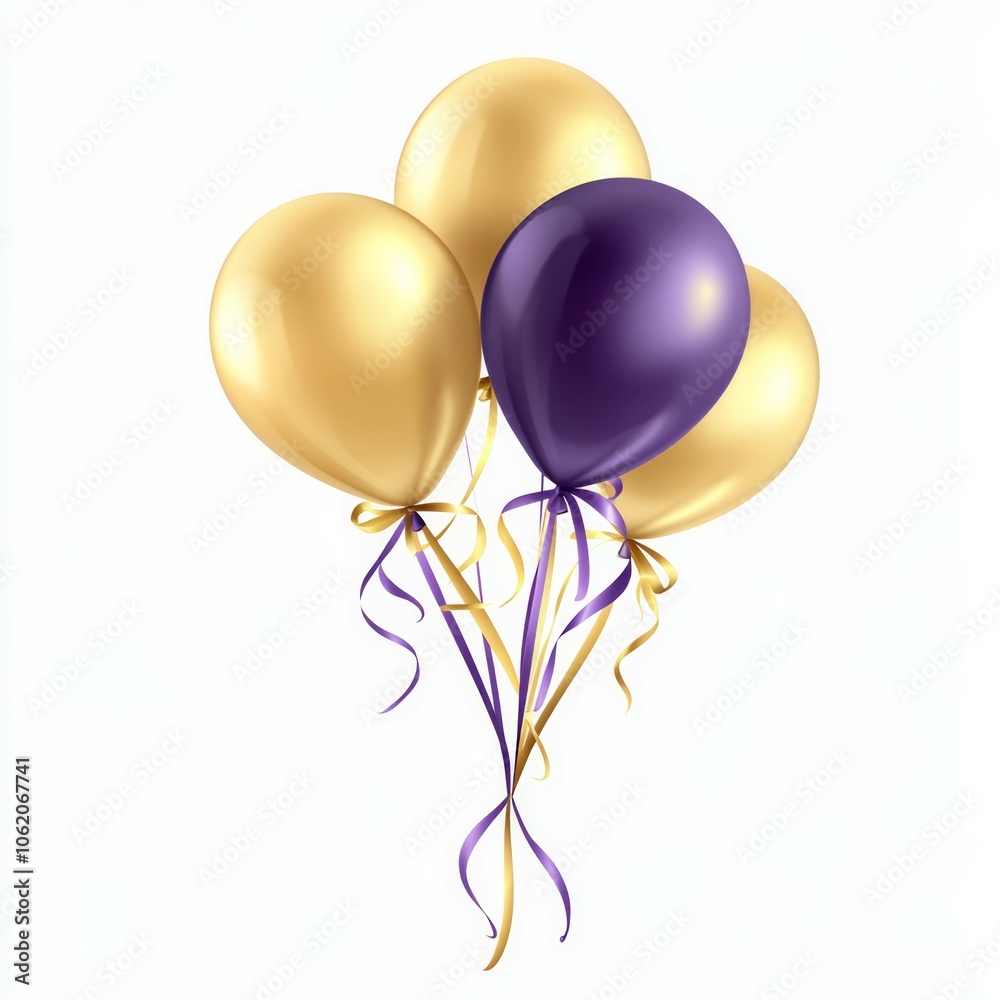 Clipart of balloons with ribbons in gold and purple colors on a white background Clipart of balloons with ribbons in gold and purple colors on a white background