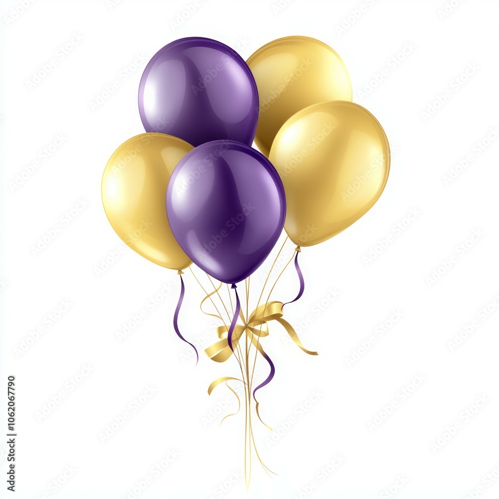 Clipart of balloons with ribbons in gold and purple colors on a white background Clipart of balloons with ribbons in gold and purple colors on a white background