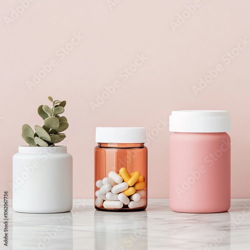 Three stylish jars with supplements and a succulent plant on a marble surface.