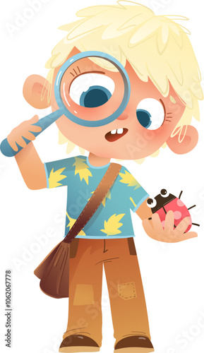 Little boy amazed study ladybug through magnifying glass. Happy schoolboy explorer learn insects and bugs. Children character for school and preschool kids. Vector illustration isolated clip art.