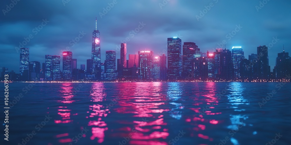 Fototapeta premium Creative Abstract Marketing Background Featuring a 3D Rendered Futuristic Cityscape with Neon Lights and Skyscrapers, Ideal for Business, Technology, or Digital Marketing Concepts. This Vibrant Vector