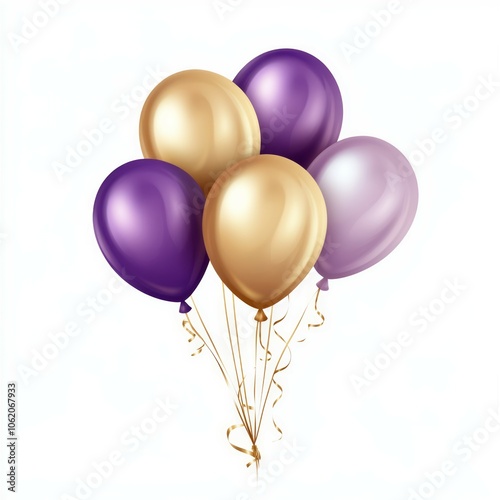Clipart of balloons with ribbons in gold and purple colors on a white background