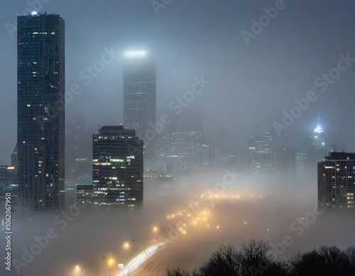 Fog envelops urban skyline with towering skyscrapers and glowing street lights at night. Generative AI