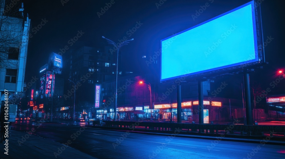 Big blue screen billboard on cyberpunk neon night city street mockup material background wallpaper AI generated image