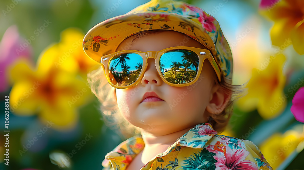 Cute Baby Wearing Sunglasses and Hat with Tropical Flowers in Background - Illustration