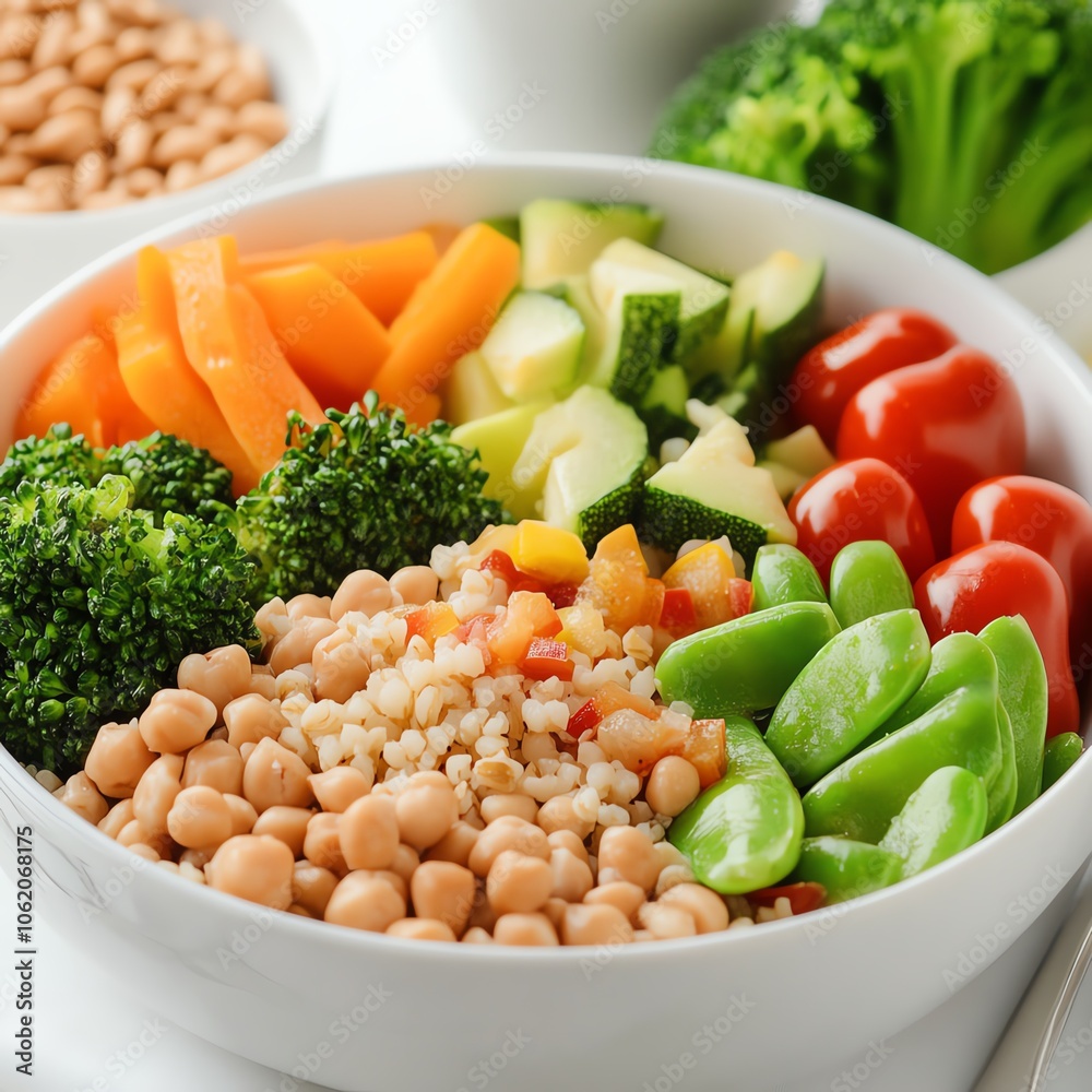 Vibrant bowl of fresh vegetables and grains on a light background. Vibrant bowl of fresh vegetables and grains on a light background.