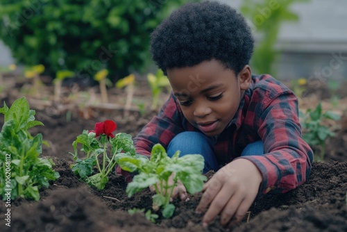 Young boy tending to plants in garden.