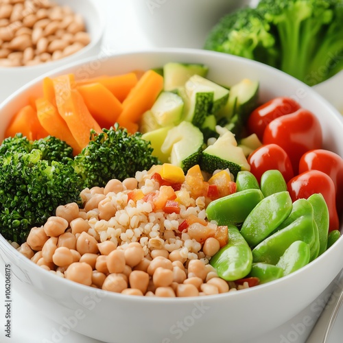 Vibrant bowl of fresh vegetables and grains on a light background.