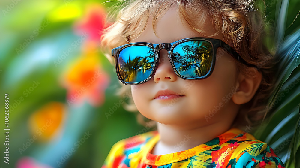 Cute Little Kid Wearing Sunglasses With Palm Trees Reflected in Lenses Photo Cute Little Kid Wearing Sunglasses With Palm Trees Reflected in Lenses Photo