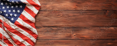 An American flag drapes over a rustic wooden surface, symbolizing patriotism and connection to nature.