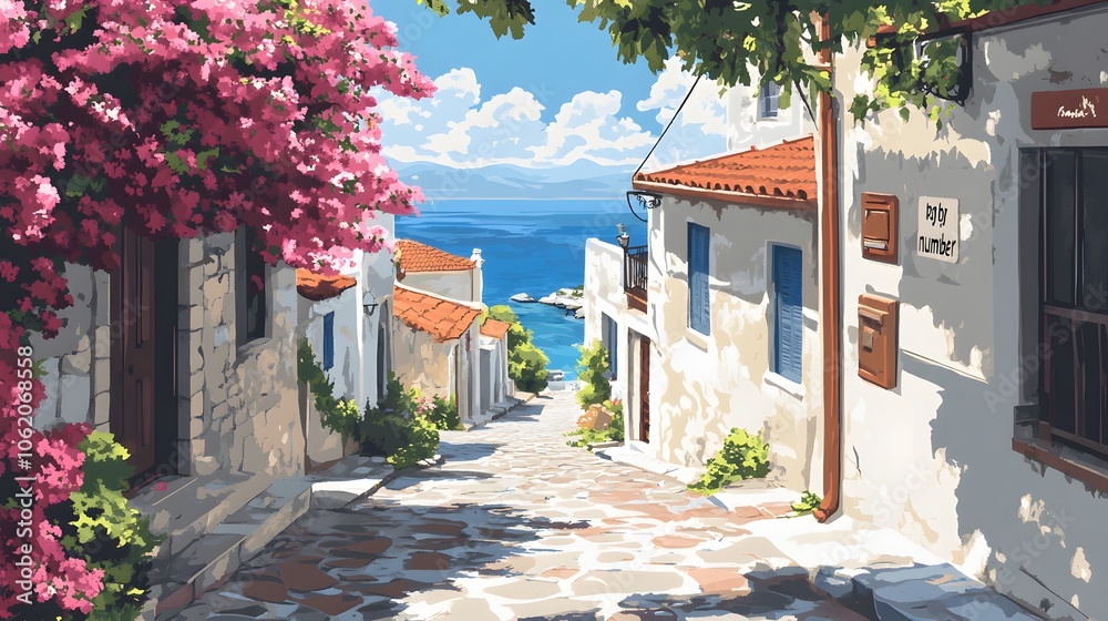 Fototapeta premium A picturesque scene of the island with its colorful houses, lush greenery, and crystal-clear waters in Greece, in the style of a paint