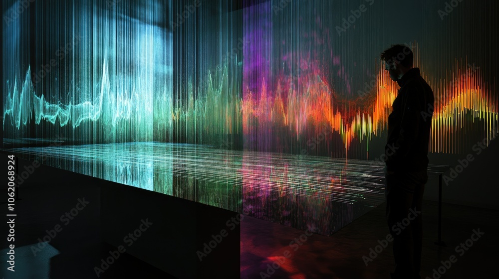 A dynamic digital environment displaying visual representations of audio waves and data processing, emphasizing the intersection of tech and creativity.