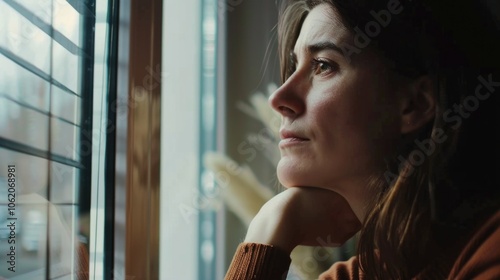 Woman in window with her chin on her hand, contemplative mood. Free Download Woman in window with her chin on her hand, contemplative mood. - GFXLoad