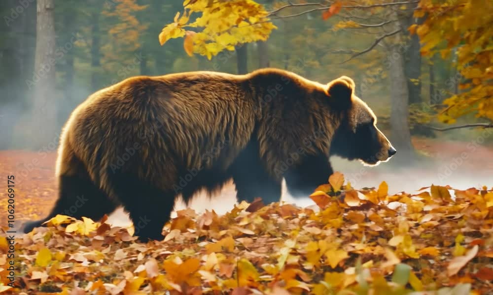 Majestic Brown Bear Strolling Through Autumn Forest with Vibrant Leaves and Calm Atmosphere