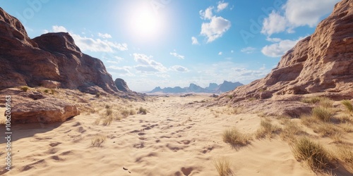 A sand dune in the Sahara Desert, showcasing a striking wadi between rocky outcroppings.