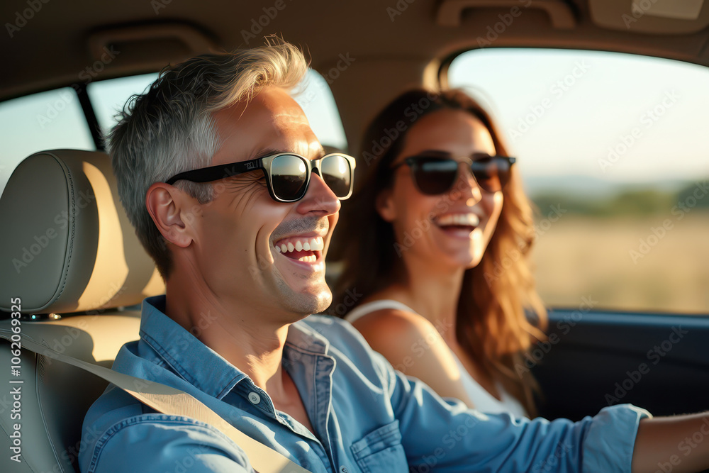 A candid photograph of two people enjoying a drive in a modern car, with a man driving and a woman in the passenger seat, showcasing a cheerful atmosphere. A candid photograph of two people enjoying a drive in a modern car, with a man driving and a woman in the passenger seat, showcasing a cheerful atmosphere.