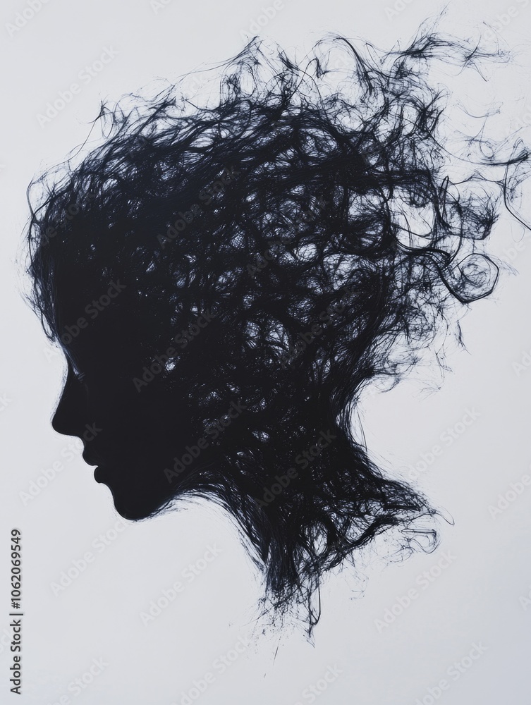 Abstract ink drawing of a contemplative face with dark abstract elements. Abstract ink drawing of a contemplative face with dark abstract elements.