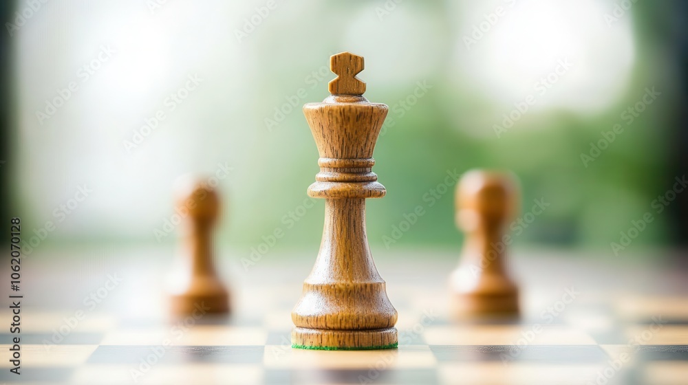 Chessboard with key pieces in focus, representing strategic business goals Chessboard with key pieces in focus, representing strategic business goals