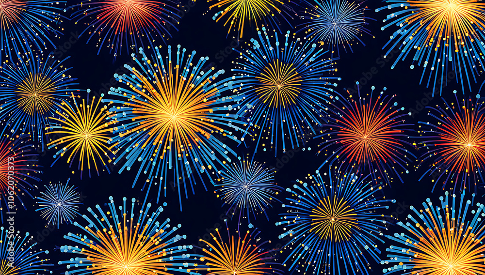 Fototapeta premium a vibrant cityscape photograph featuring a nighttime skyline with a series of large, colorful fireworks exploding in the sky. The fireworks display a range of colors,