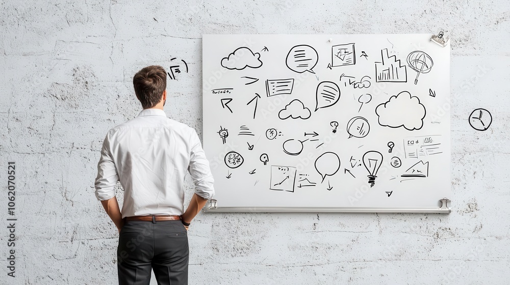 Entrepreneur mapping out business strategy on glass board, focused mindset Entrepreneur mapping out business strategy on glass board, focused mindset