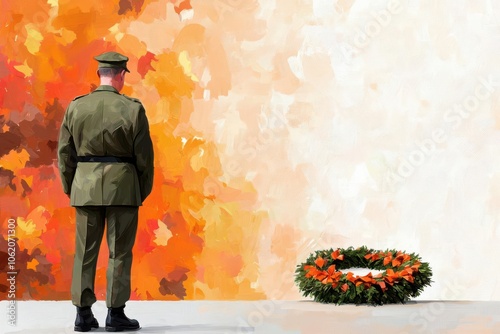 Artistic depiction of a veteran placing a wreath at a military memorial with a small crowd in respectful silence, Veterans Day wreathlaying ceremony, Honoring and reflective photo