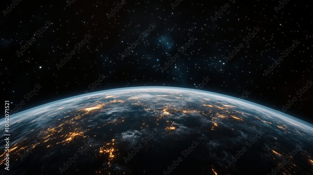 Obraz premium Close up of the Earth at night with the stars visible in the background. Concept of wonder and awe at the vastness of the universe and the beauty of the night sky