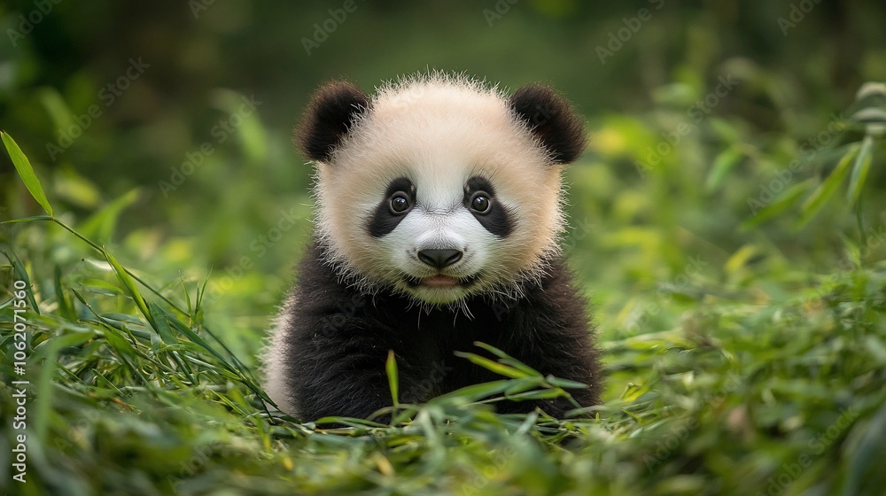 A cute baby panda sitting in the grass, looking at the camera with big, curious eyes. A cute baby panda sitting in the grass, looking at the camera with big, curious eyes.