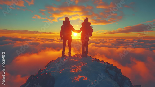 Couple Silhouettes on Mountaintop at Sunset Photo