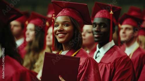 Red-robed graduates smiling at the camera.