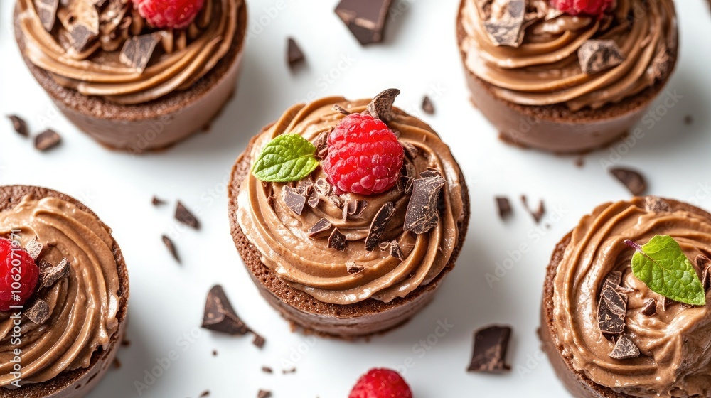 A mouthwatering chocolate mousse dessert elegantly arranged on a bright white surface, perfect for showcasing culinary artistry and flavor. A mouthwatering chocolate mousse dessert elegantly arranged on a bright white surface, perfect for showcasing culinary artistry and flavor.