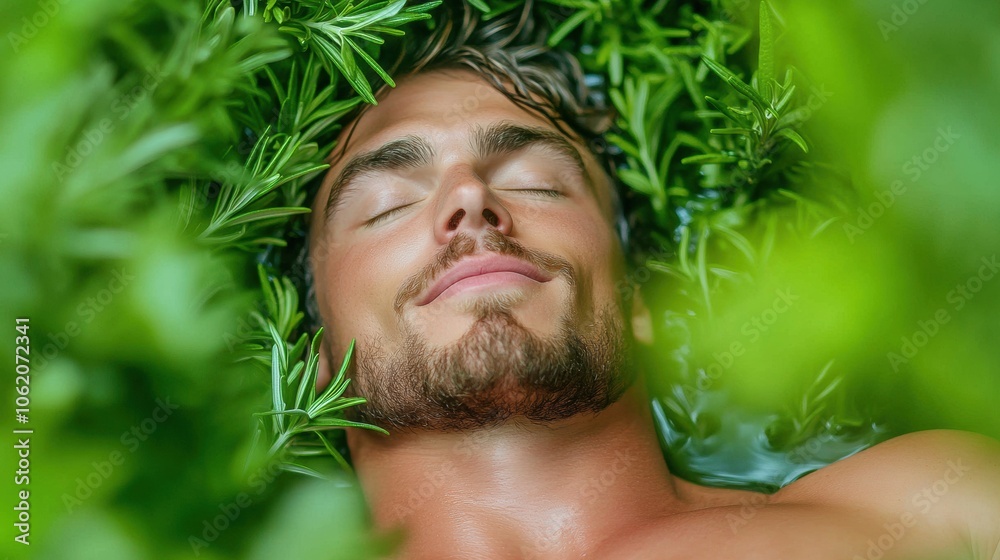 Man relaxing in lush greenery with a serene expression, AI Man relaxing in lush greenery with a serene expression, AI