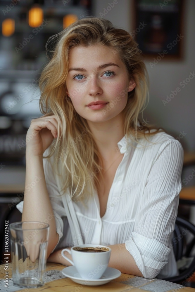 Blonde woman sits at a table with a cup of coffee and a glass. She is smiling and looking at the camera Blonde woman sits at a table with a cup of coffee and a glass. She is smiling and looking at the camera