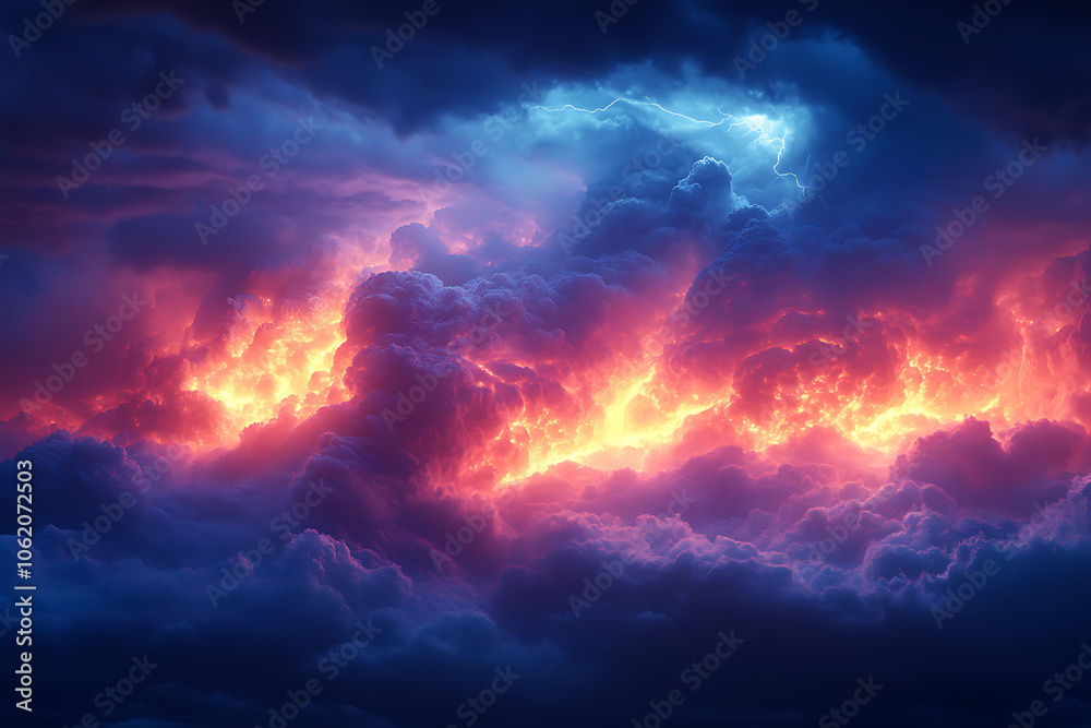 Fototapeta premium Dark blue stormy sky with dramatic, intense clouds and deep shadows, capturing the powerful and moody atmosphere of an approaching thunderstorm. 