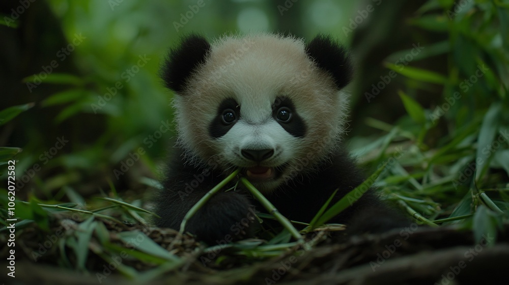 A cute baby panda eating bamboo in a lush green forest. A cute baby panda eating bamboo in a lush green forest.