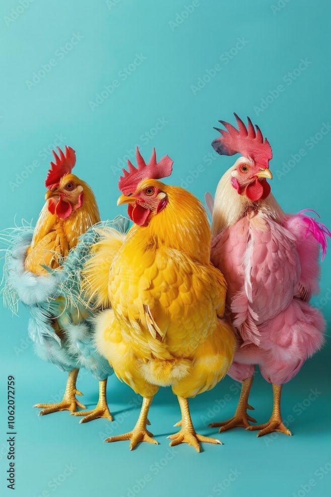 Fototapeta premium Three vibrant chickens, each in a different color: pink, yellow, and green.