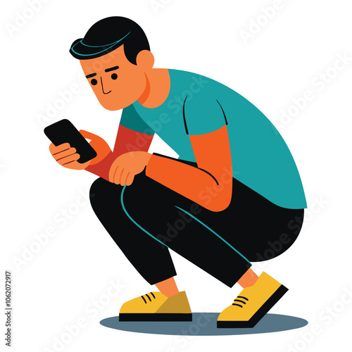 portrait of a guy who is squatting with a phone