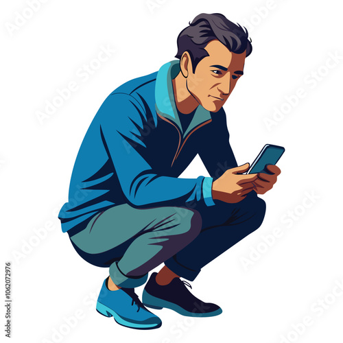 portrait of a guy who is squatting with a phone