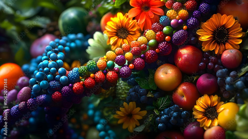 Rainbow Fruit and Flower Still Life Illustration Rainbow Fruit and Flower Still Life Illustration