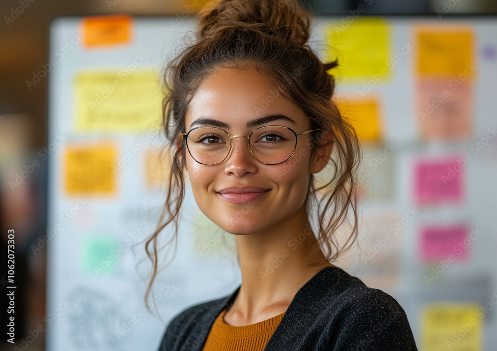 Smiling, multiethnic businesswoman presenting a new project to her team during a meeting in the office, while standing near a whiteboard with notes and chalk on the table. Smiling, multiethnic businesswoman presenting a new project to her team during a meeting in the office, while standing near a whiteboard with notes and chalk on the table.