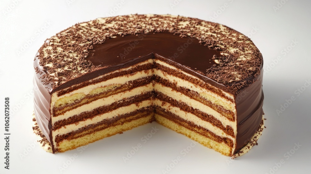 A rich chocolate layer cake displayed on a clean white background, emphasizing its delicious layers and inviting presentation for dessert lovers. A rich chocolate layer cake displayed on a clean white background, emphasizing its delicious layers and inviting presentation for dessert lovers.