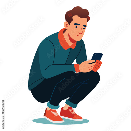 portrait of a guy who is squatting with a phone