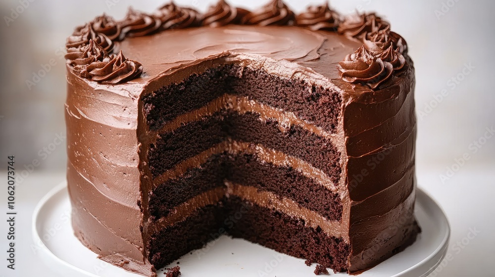 A rich chocolate layer cake displayed on a clean white background, emphasizing its delicious layers and inviting presentation for dessert lovers. A rich chocolate layer cake displayed on a clean white background, emphasizing its delicious layers and inviting presentation for dessert lovers.
