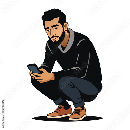 portrait of a guy who is squatting with a phone