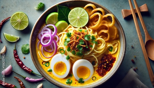 Wallpaper Mural Burmese Noodle Soup with Egg Onion and Fried Onion Rings Asian Cuisine Torontodigital.ca